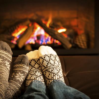 Romantic getaway, relaxing by a cozy fireplace