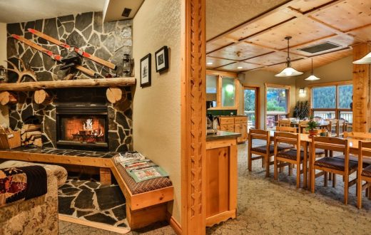 Fireplace at the Mount Engadine Lodge in Canmore, Alberta.